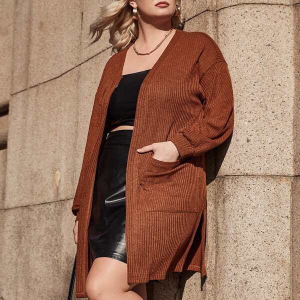 

Plus Button Front Double Pocket Rib-knit Coat, Rust brown