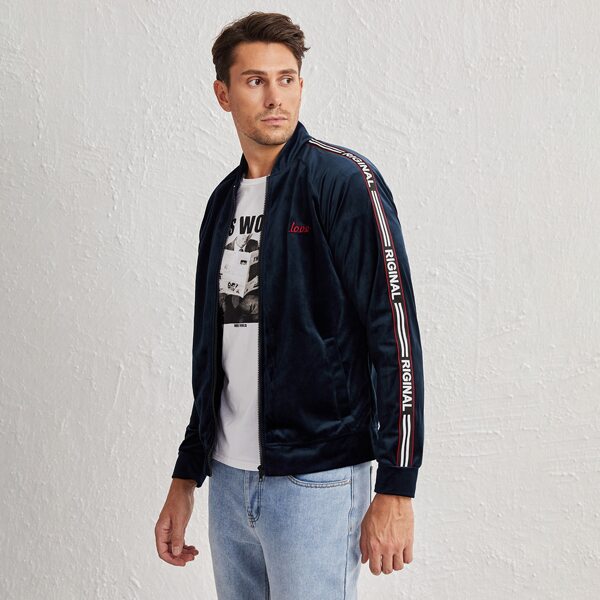 

Men Letter Embroidered Tape Side Velvet Bomber Jacket, Navy blue