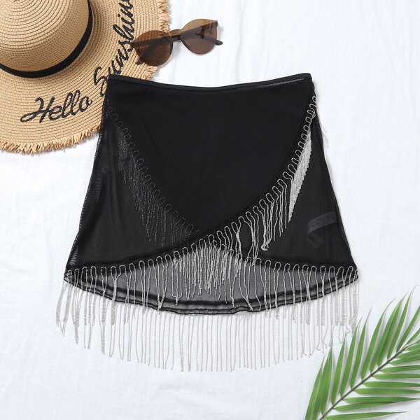

Fringe Trim Cover Up Skirt, Black