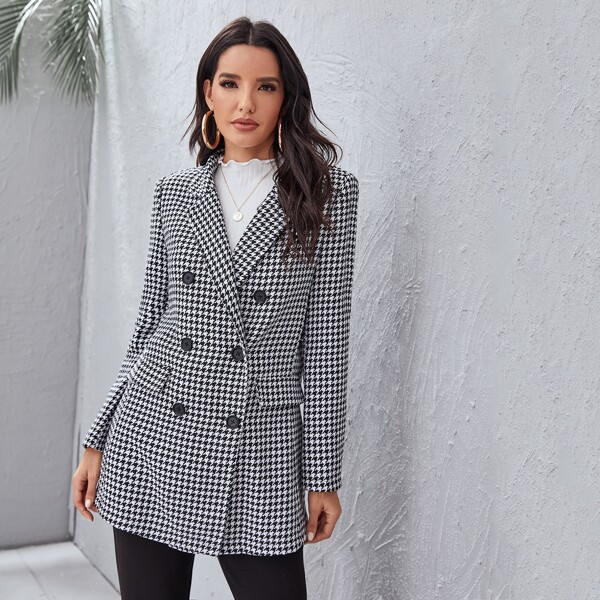 

Peak Collar Double Button Houndstooth Blazer, Black and white