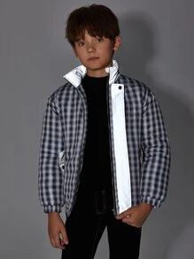 SHEIN Cazadora acolchada de cuadros panel reflexiva - Gris - Ver 1