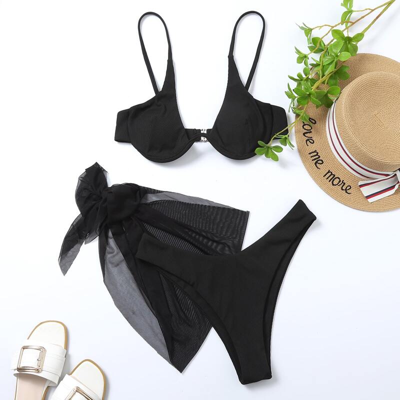 

3pack Underwire Bikini Swimsuit & Mesh Beach Skirt, Black
