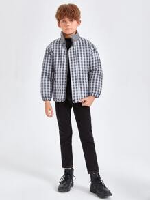 SHEIN Cazadora acolchada de cuadros panel reflexiva - Gris - Ver 5