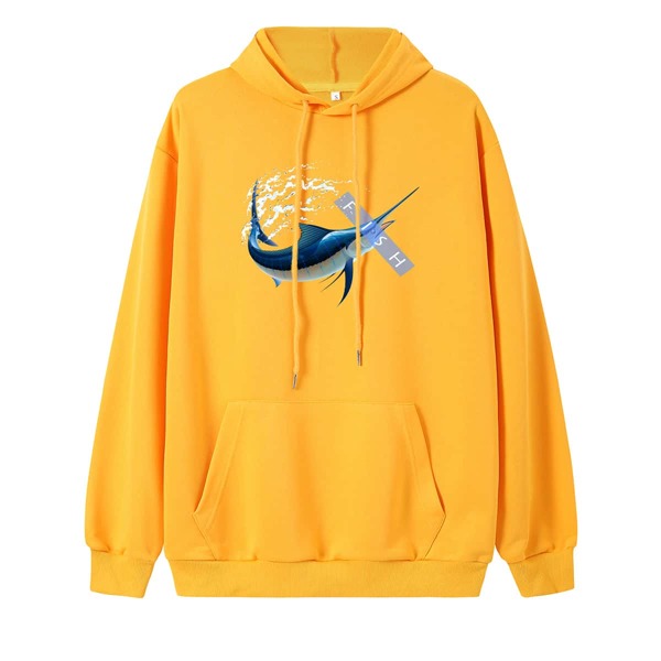 

Fish Print Kangaroo Pocket Drawstring Hoodie, Yellow