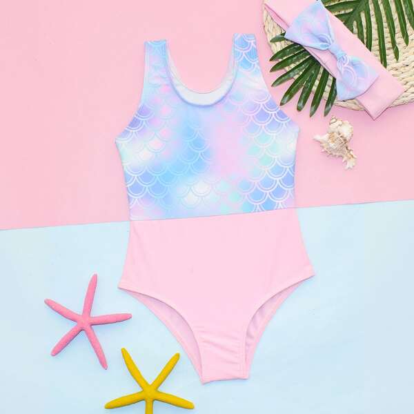 

Toddler Girls Fish Scales One Piece Swimsuit & Headband, Multicolor