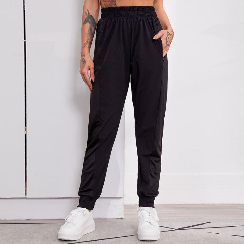 

Zipper Slant Pockets Solid Sports Pants, Black