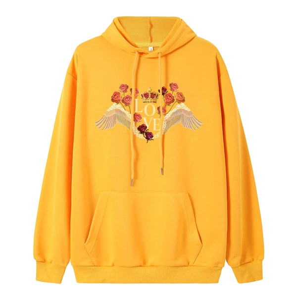 

Floral And Wings Print Drawstring Hoodie, Yellow