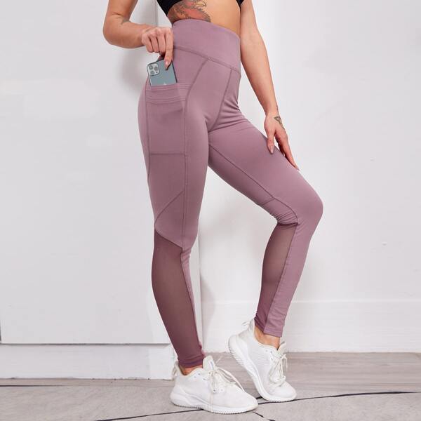 

Mesh Panel Sports Leggings & Phone Pocket, Mauve purple