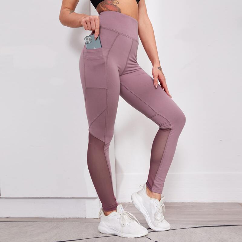 

Mesh Panel Sports Leggings & Phone Pocket, Mauve purple