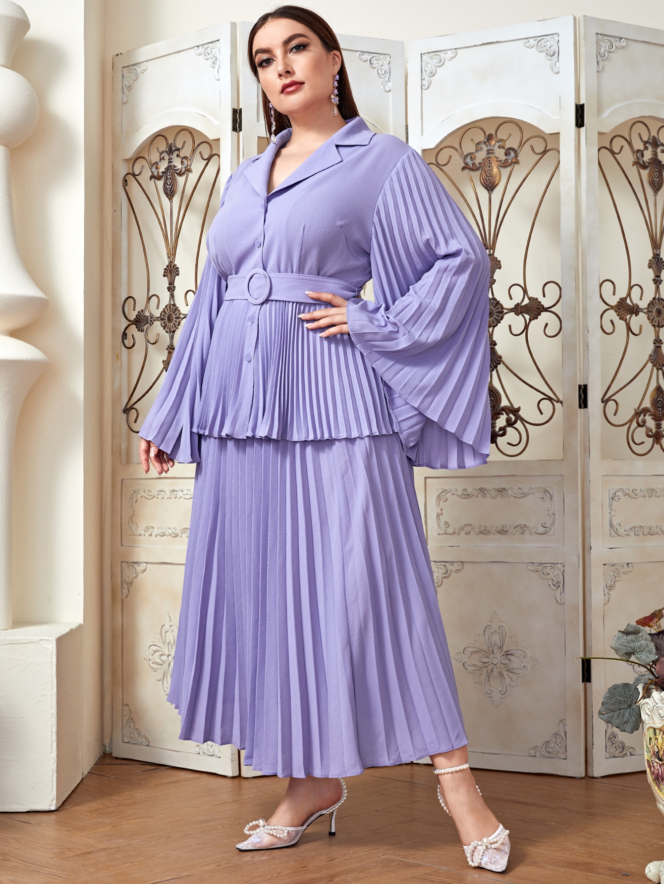 Plus Notched Collar O-ring Belted Blouse & Pleated Skirt Set thumbnail