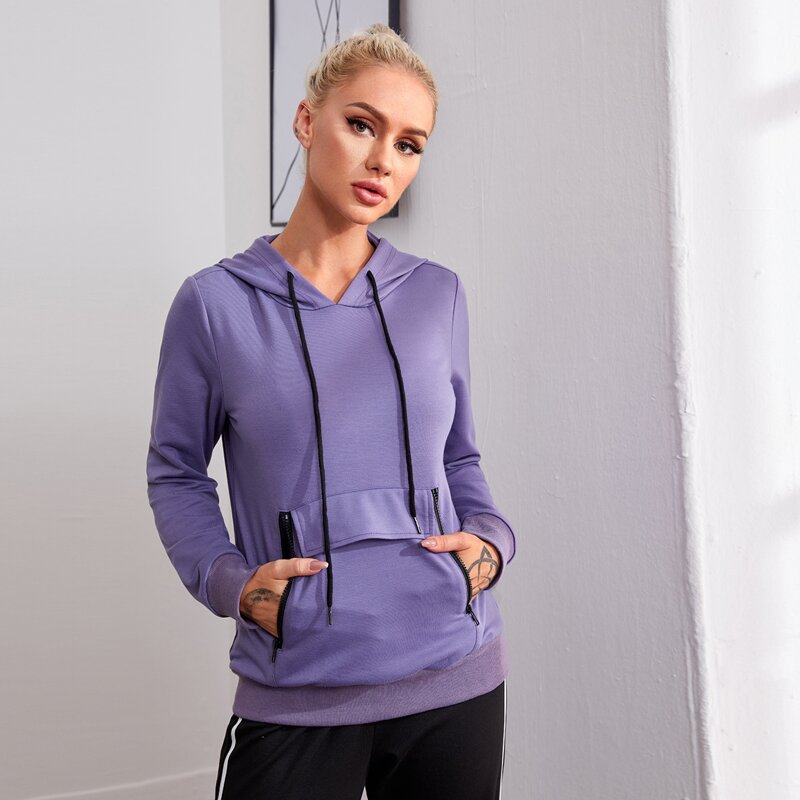 

Kangaroo Pocket Drawstring Sports Hoodie, Violet purple