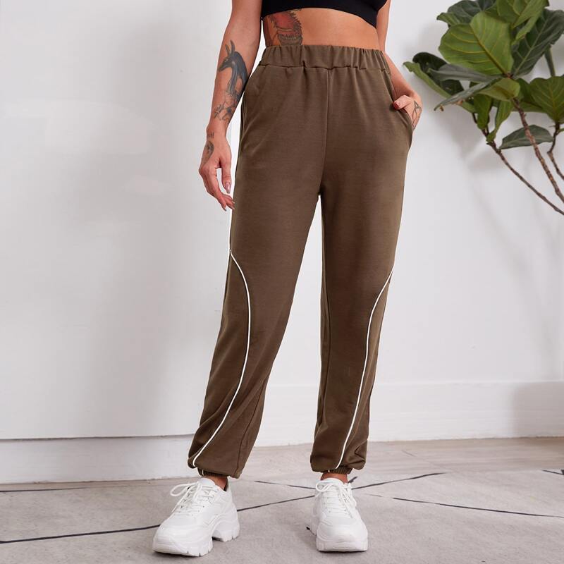 

Contrast Piping High Waist Sports Pants, Mocha brown