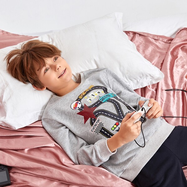 

Boys Letter and Graphic Print Pullover & Sweatpants Set, Multicolor