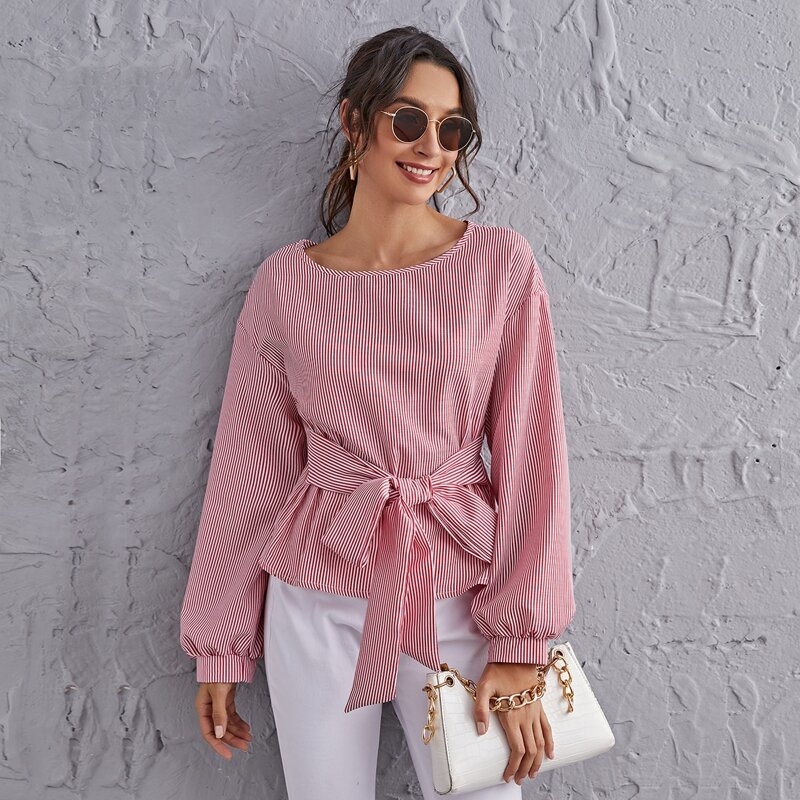 

Drop Shoulder Belted Striped Top, Pink