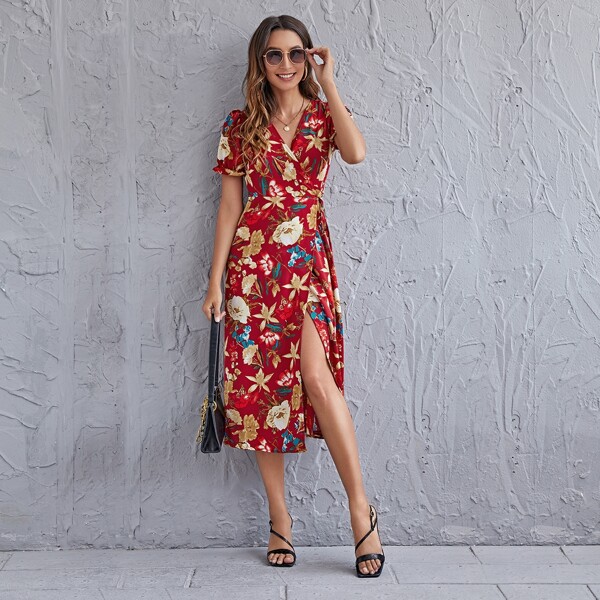 

Surplice Neck Wrap Hem Floral Print Dress, Multicolor
