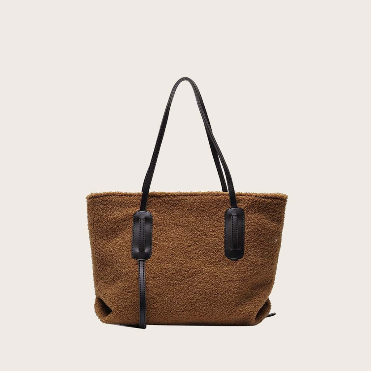 

Solid Fluffy Tote Bag, Coffee brown