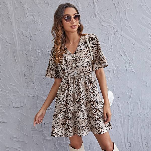 

Button Front Ruffle Hem Leopard Dress, Multicolor