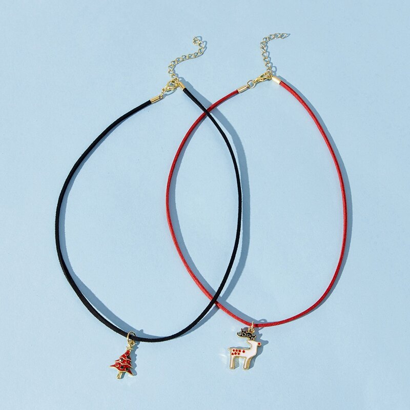 

2pcs Christmas Tree & Deer Pendant Necklace, Multicolor
