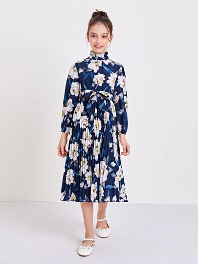 فستان ملائم بطباعة زهر بحزام ذاتي وبعنق مكشكش للبنات