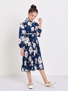 SHEIN Girls Frill Neck Self Belted Floral Print Pleated Dress - Multicolor - View 3