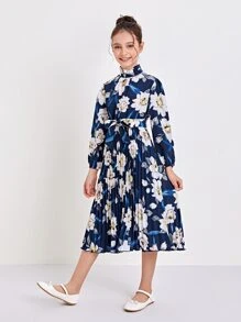 SHEIN Girls Frill Neck Self Belted Floral Print Pleated Dress - Multicolor - View 4