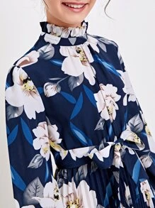 SHEIN Girls Frill Neck Self Belted Floral Print Pleated Dress - Multicolor - View 5