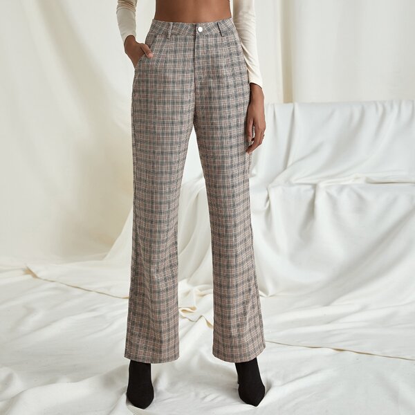 

High Waist Plaid Straight Leg Pants, Multicolor