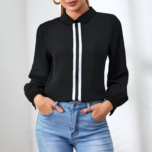 

Contrast Collar Stripe Tape Blouse, Black