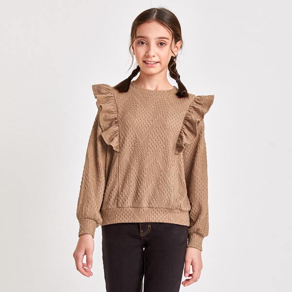 

Girls Ruffle Trim Textured Knit Pullover, Khaki
