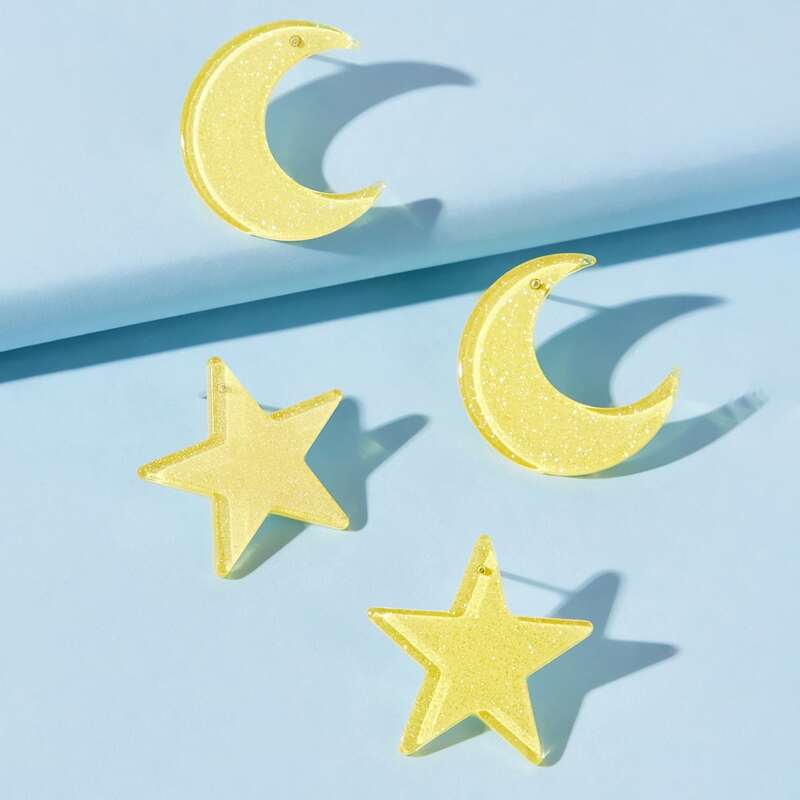 

2pairs Star & Moon Drop Earrings, Mustard yellow