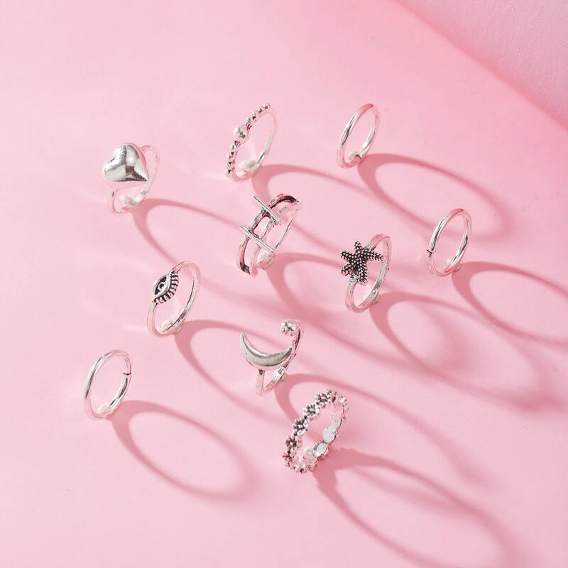 

10pcs Moon & Heart Ring, Silver