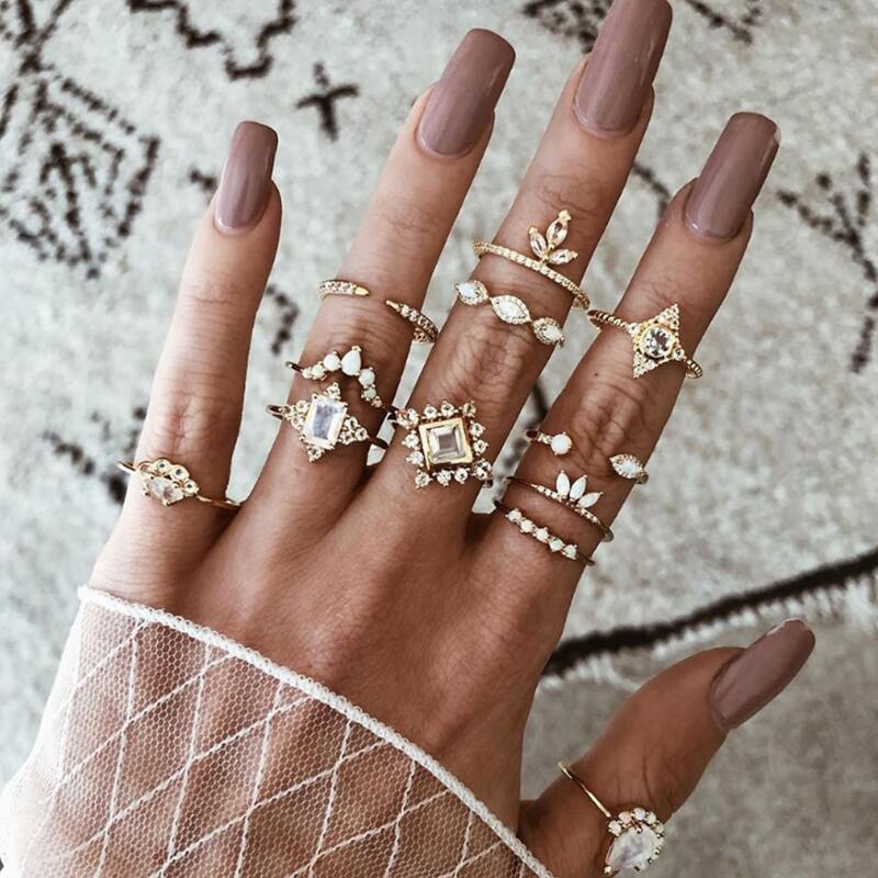 

12pcs Rhinestone Geo Ring, Gold
