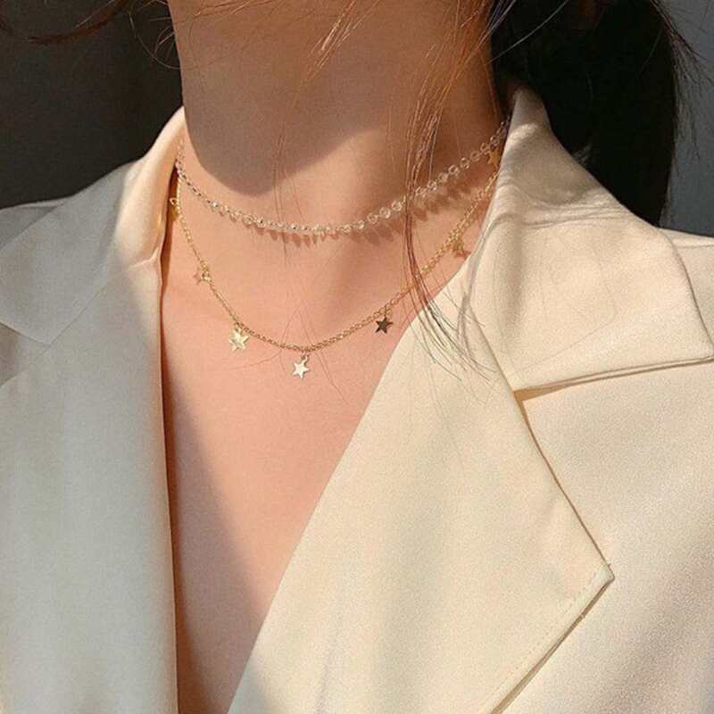 

2pcs Star & Crystal Necklace, Gold