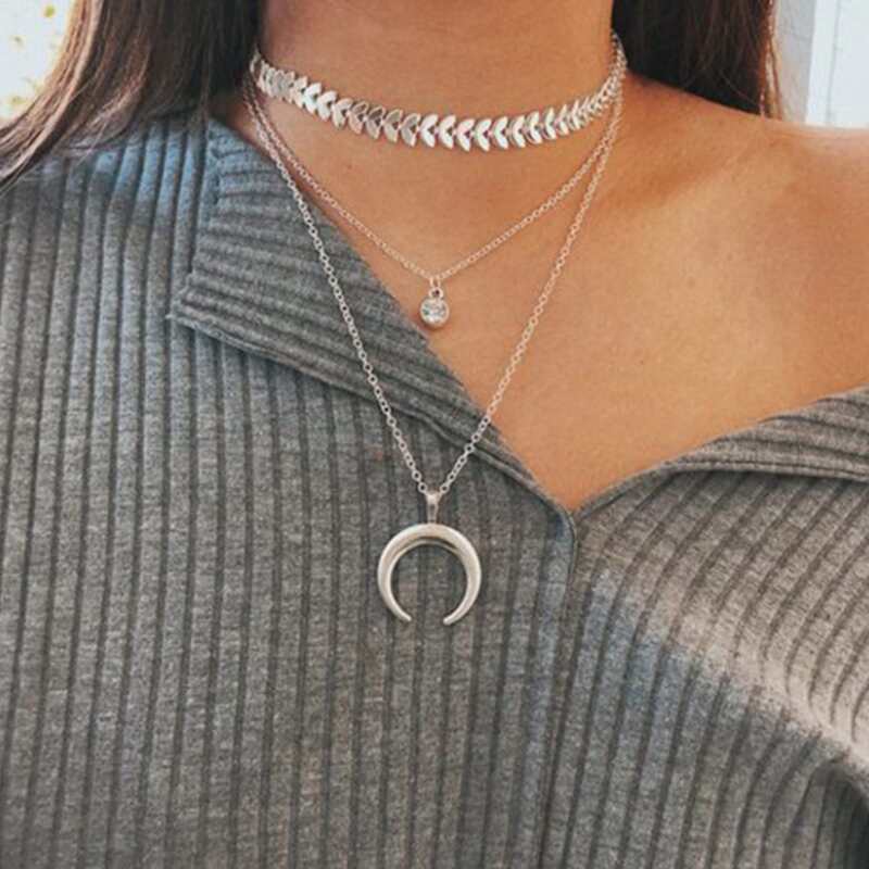 

Rhinestone & Moon Layered Necklace, Silver