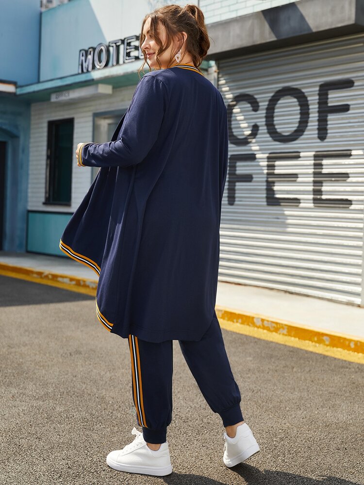 Plus Striped Trim Coat & Pants Set