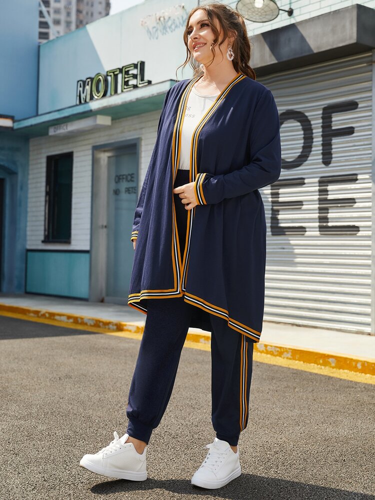 Plus Striped Trim Coat & Pants Set