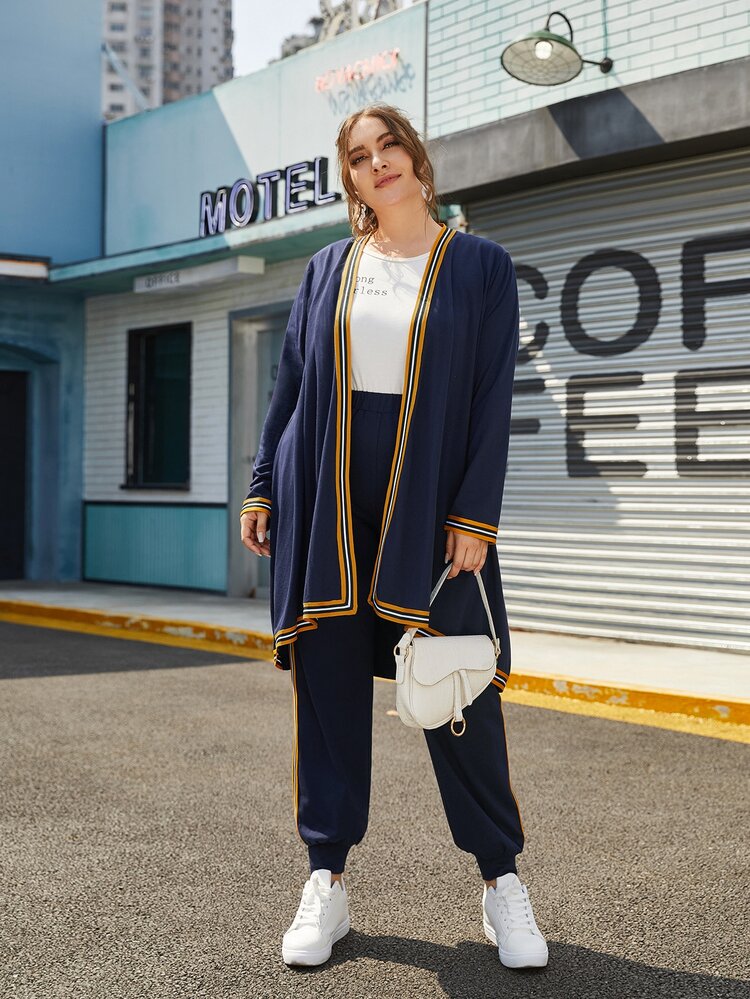 Plus Striped Trim Coat & Pants Set