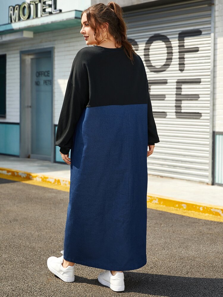 Plus Letter Graphic Tape Front Two Tone Dress