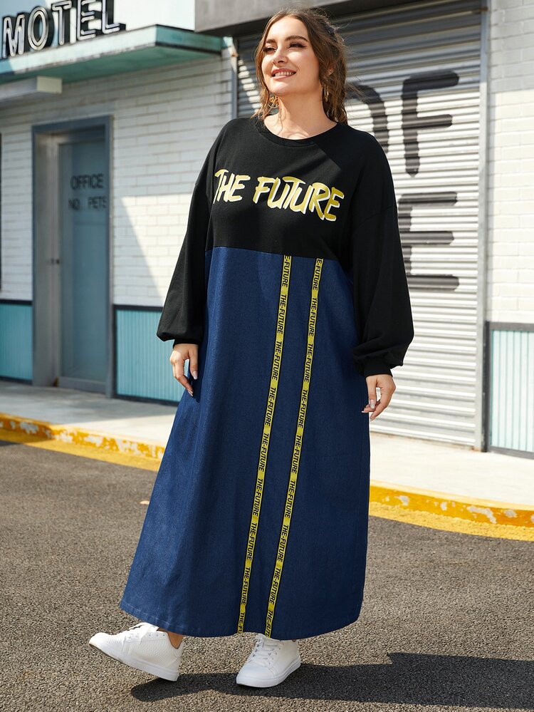 Plus Letter Graphic Tape Front Two Tone Dress