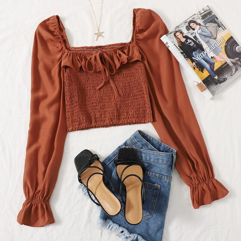 

Ruffle Trim Tie Front Shirred Top, Burnt orange