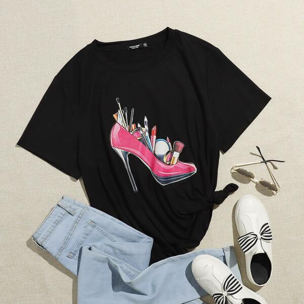 

Plus High-Heels & Cosmetics Print T-Shirt, Black