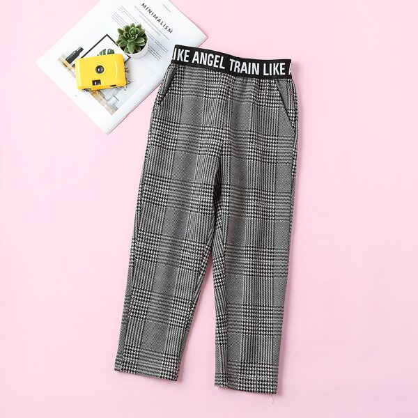 

Toddler Girls Slogan Tape Plaid Pants, Grey