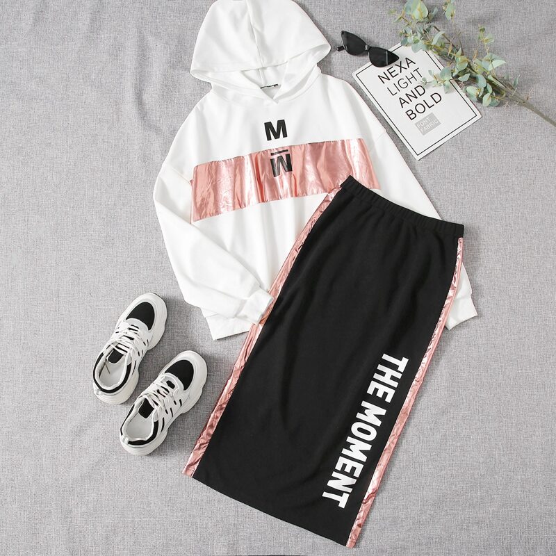 

Drop Shoulder Letter Graphic Metallic Panel Hoodie & Skirt Set, Black and white