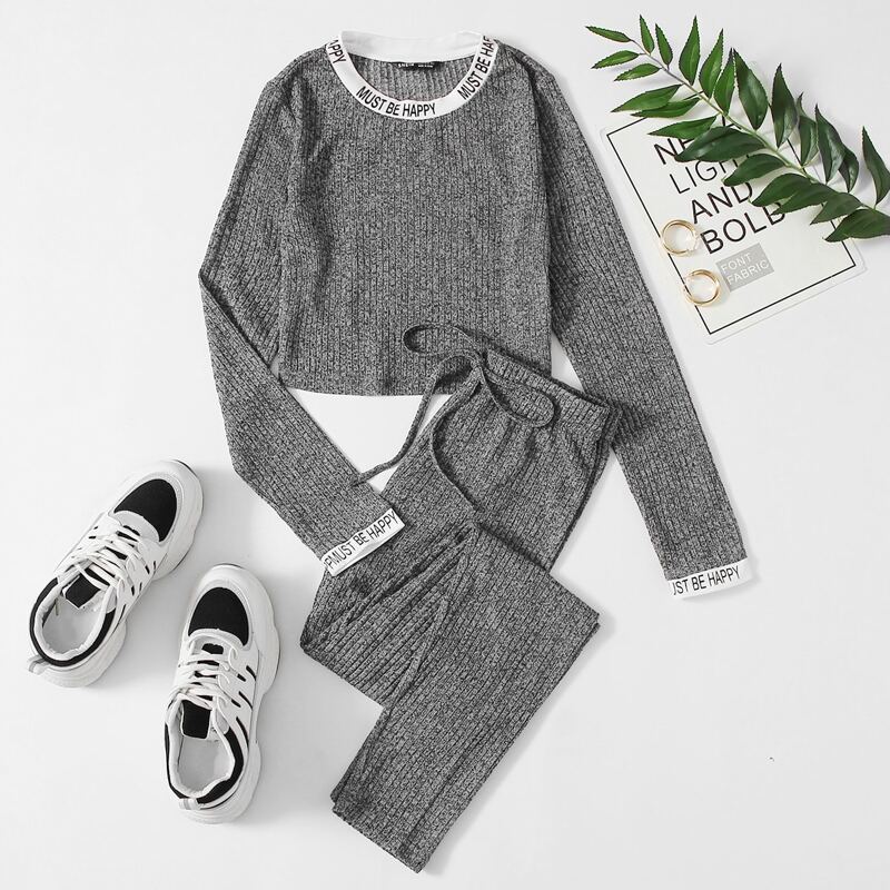 

Letter Tape Trim Crop Tee & Drawstring Leggings Set, Dark grey