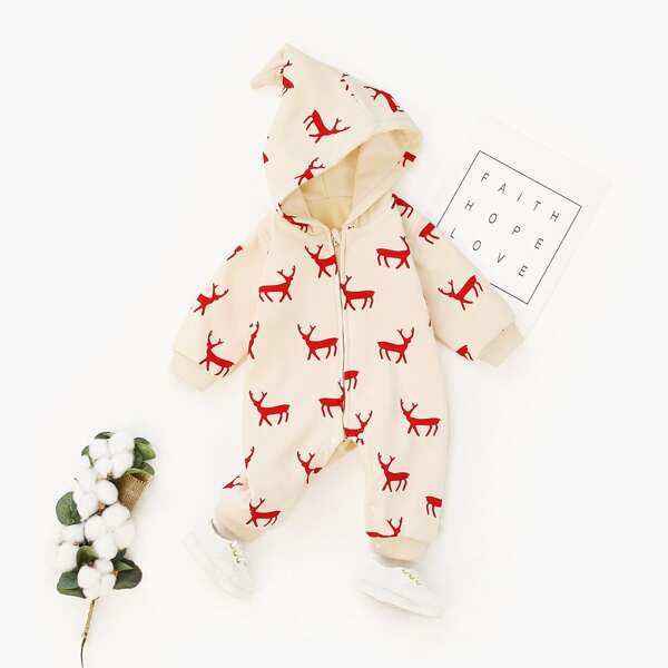 

Baby Boy Christmas Print Fleece Lined Hooded Jumpsuit, Beige