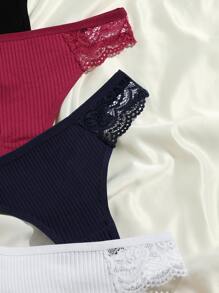 5 paquetes Conjunto de bragas con adorno de encaje acanalado, lencería sexy - Multicolor - Ver 6