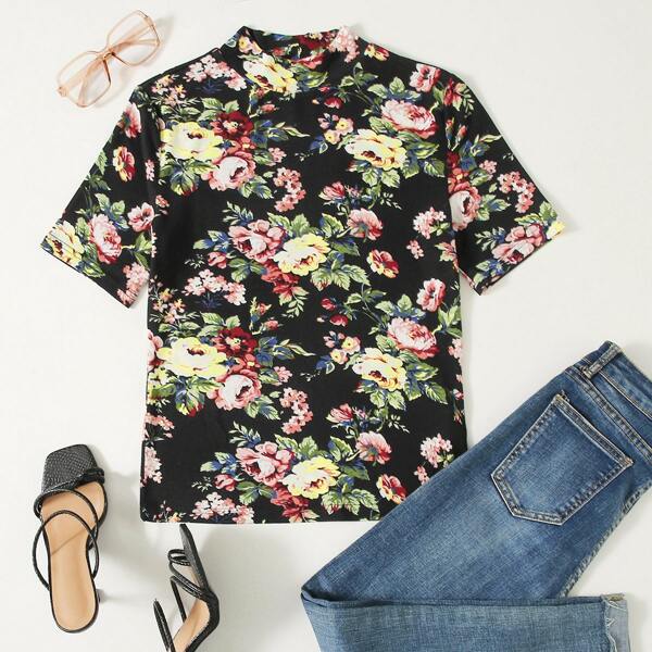 

Floral Print Stand Collar Tee, Multicolor