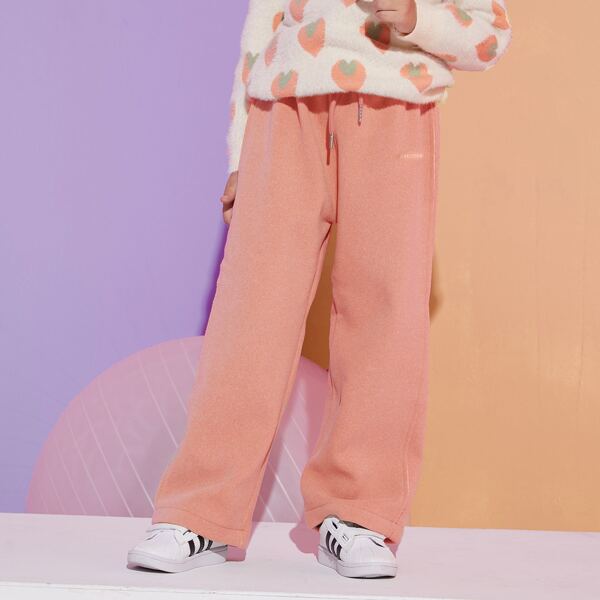 

Girls Letter Embroidery Wide Leg Pants, Coral pink