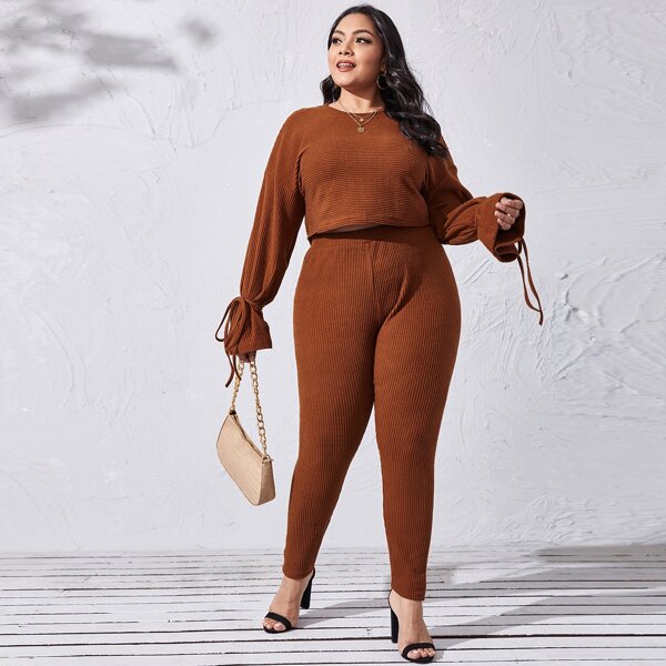 

Plus Knot Cuff Drop Shoulder Top & Leggings Set, Rust brown