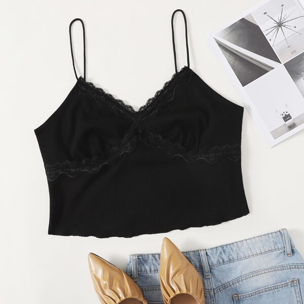 

Plus Lace Trim Cami Top, Black
